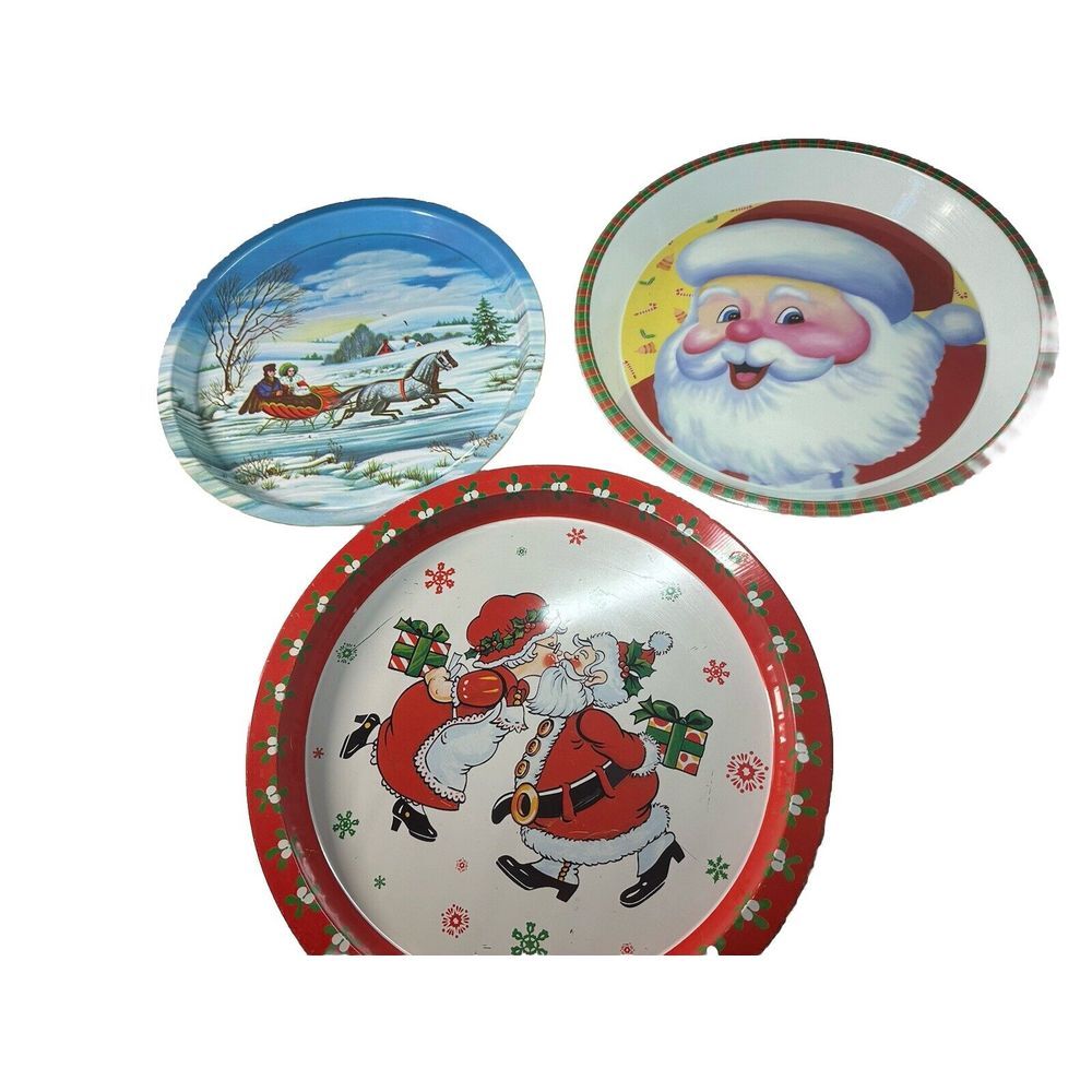 Vtg Lot Of 3 Mr.Mrs. Santa Claus Metal Cookie tray 1980‎ Christmas Club. A corp